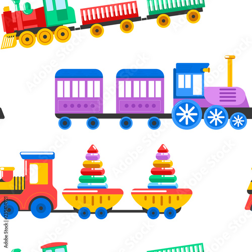 Toy trains with kid toys and children playthings for kindergarten boys children design seamless pattern.