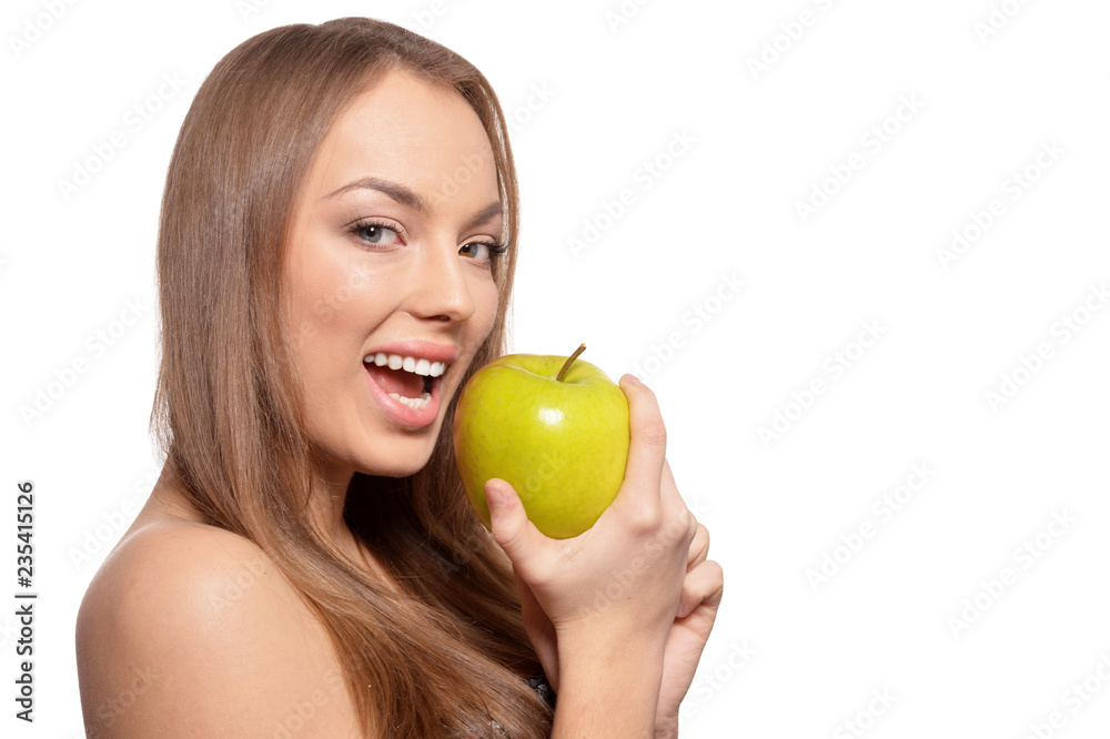 Portrait of beautiful young woman with green apple Portrait of beautiful young woman with green apple