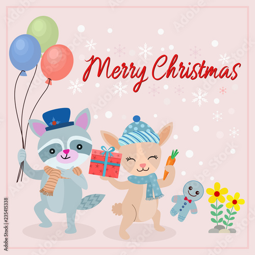 Raccoon and rabbit in winter christmas card