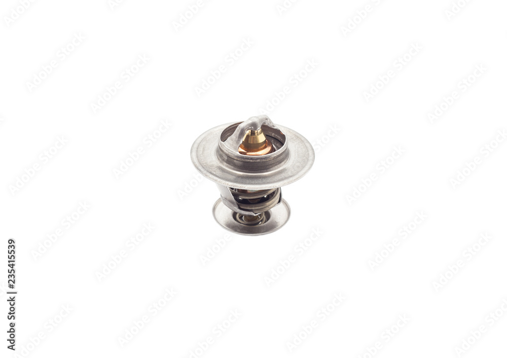 Automotive part engine cooling system thermostat on a white background. isolate close-up, temperature Automotive part engine cooling system thermostat on a white background. isolate close-up, temperature