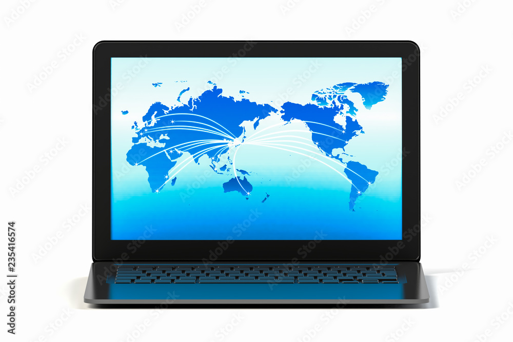 ネットワーク世界とノートパソコンのイラストCG