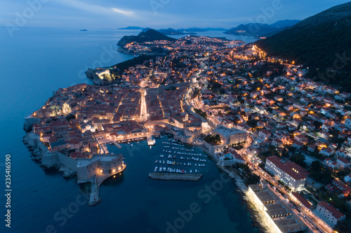 view of the old Dubrovnik from the air at dusk