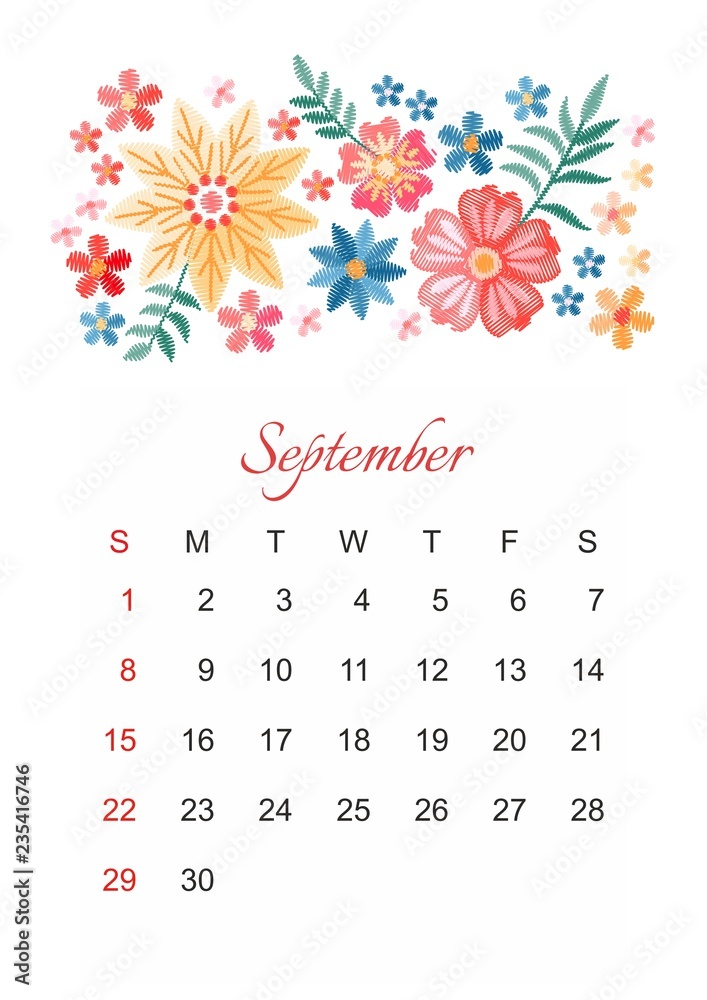 September. Vector calendar template for 2019 year with beautiful  composition of embroidery flowers. Week start on sunday. Stock Vector |  Adobe Stock