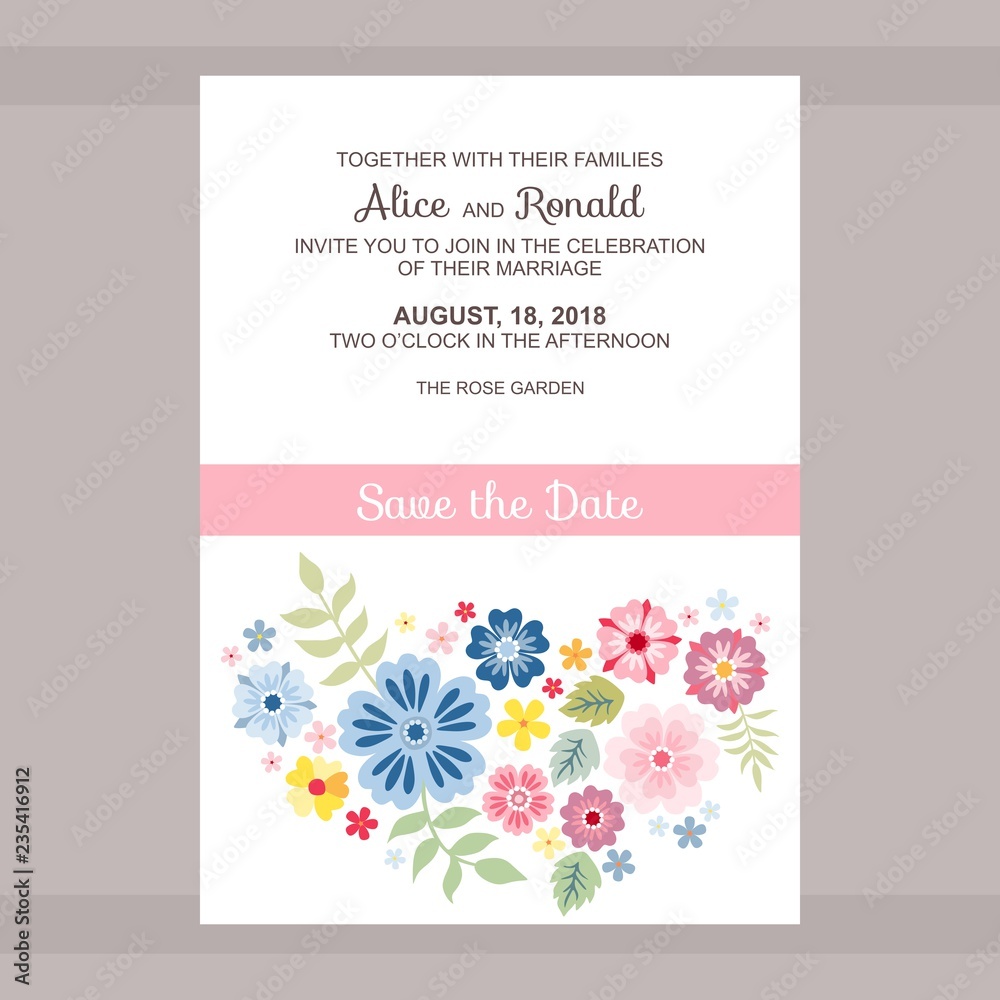 Wedding invitation design. Card with place for text and bright flowers. Vector template.
