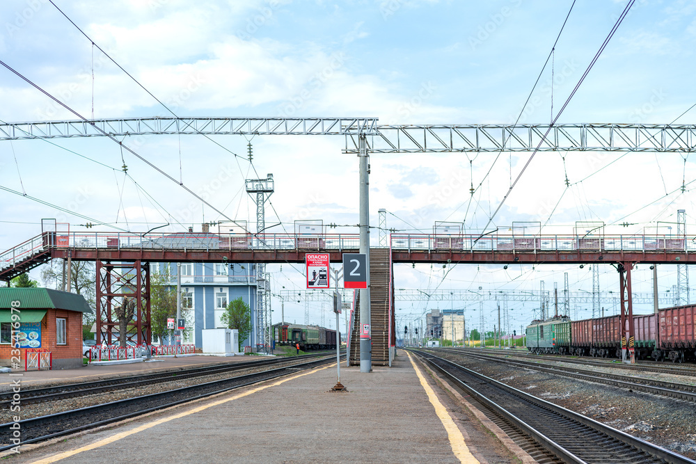 Pedestrian bridge over the railway. Russia, May 2018 Pedestrian bridge over the railway. Russia, May 2018