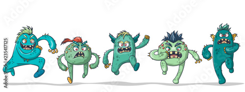 Five running crazy monsters on white background