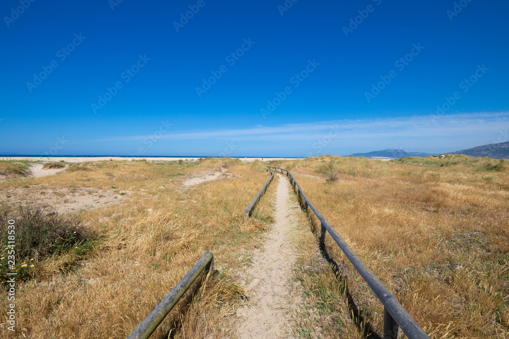 landscape of wild path with wooden old banisters, sand and plants, to preserve nature in Los Lances Beach, next to Tarifa town (Cadiz, Andalusia, Spain). Atlantic ocean in the horizon