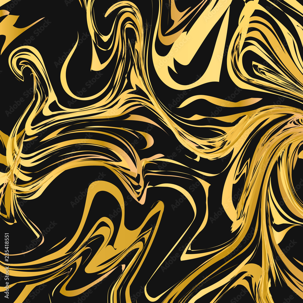 Obraz premium Black and gold marble texture abstract background. Liquid flow effect backdrop. Watercolor stains painting. Marbling surface vector illustration.
