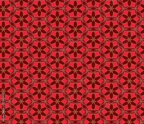 Christmas seamless lace pattern. Geometric mosaic background Red and gold kaleidoscope. Oriental ornament. Easy to use vector design template