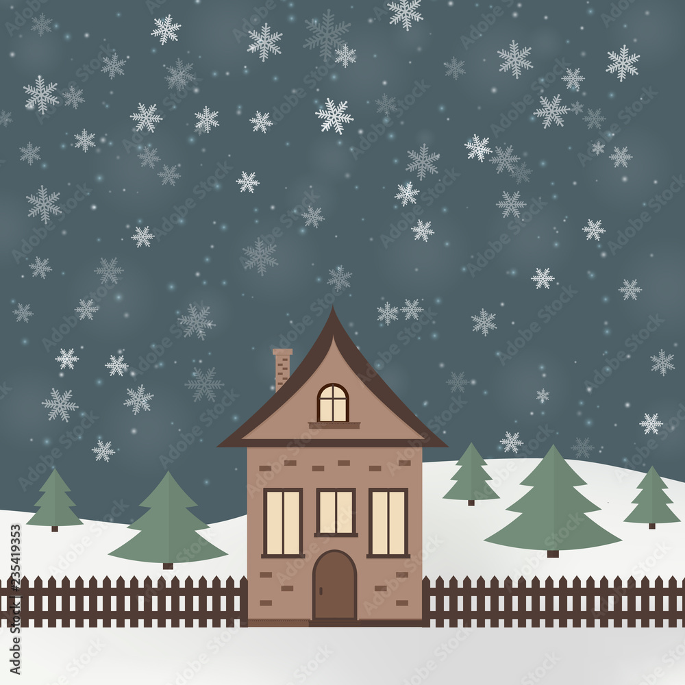 Winter snowy landscape in the night. A house in the country surrounded by trees. Snowfall background. Flat vector illustration.