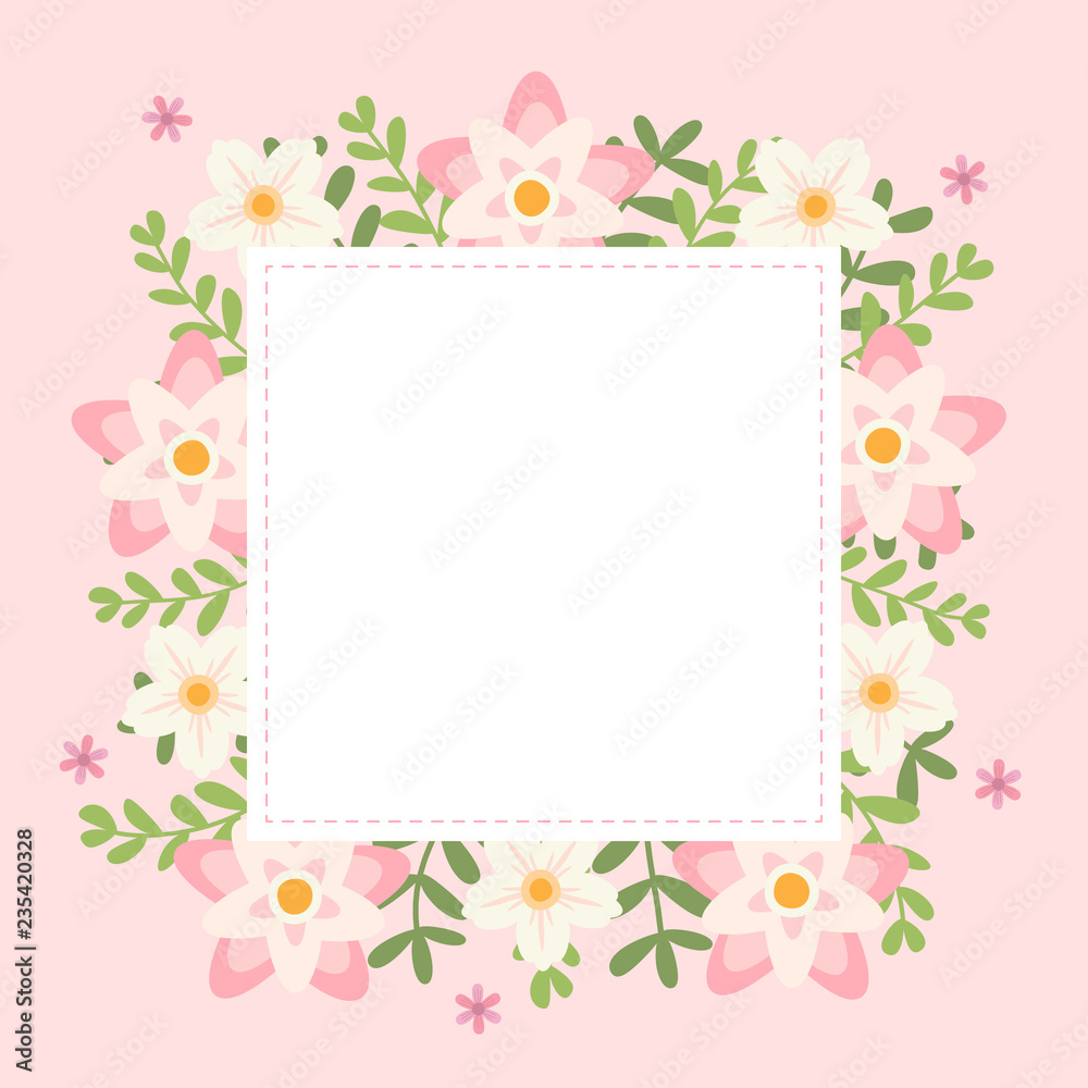 Floral greeting card and invitation template for wedding or birthday anniversary, Vector shape of text box label and frame, Pink flowers wreath ivy style with branch and leaves.