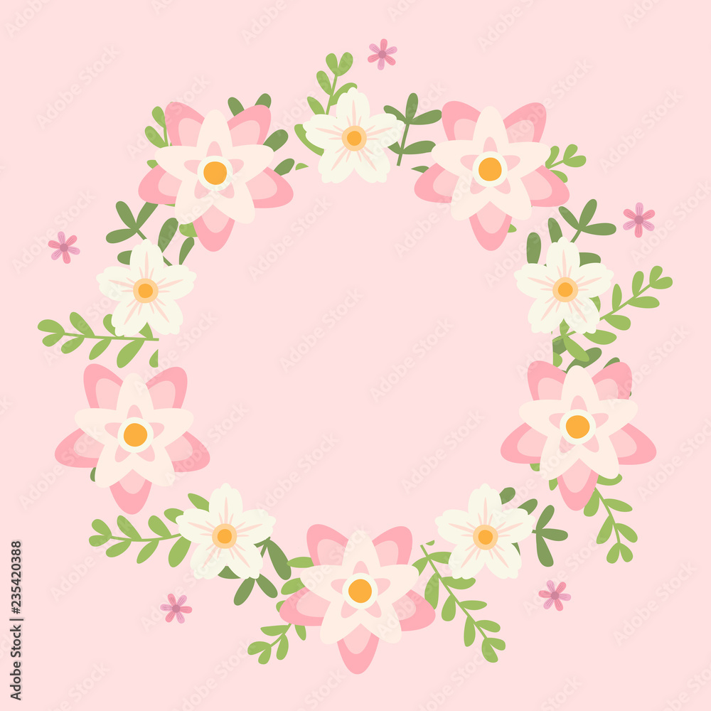 Floral greeting card and invitation template for wedding or birthday anniversary, Vector shape of text box label and frame, Pink flowers wreath ivy style with branch and leaves.