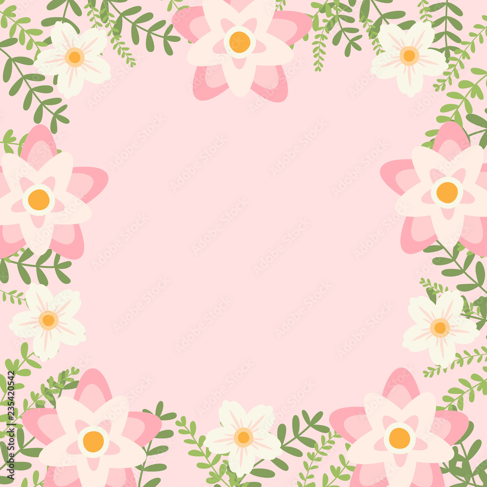 Floral greeting card and invitation template for wedding or birthday anniversary, Vector shape of text box label and frame, Pink flowers wreath ivy style with branch and leaves.