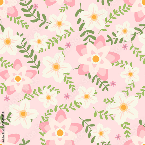 Floral vector artwork for apparel and fashion fabrics, Pink flowers wreath ivy style with branch and leaves. Seamless patterns background.