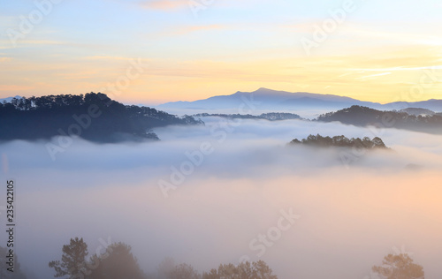 Amazing view of mountain  mist   cloud when dawn coming..