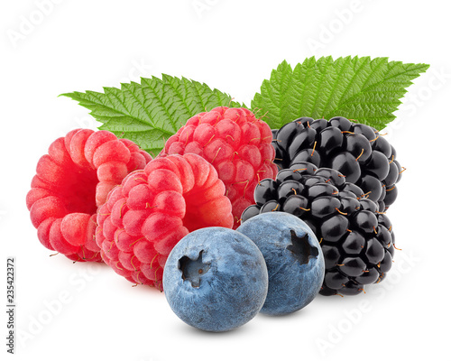 wild berries mix, raspberry, blueberries, blackberries isolated on white background, clipping path, full depth of field photo