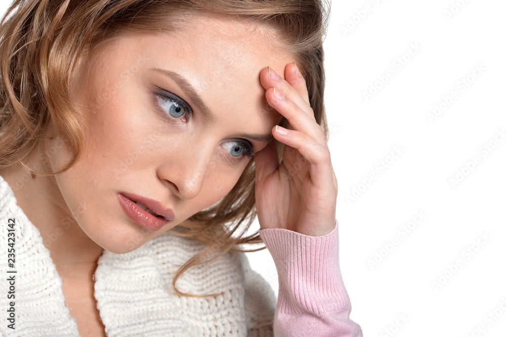 Portrait of sad young woman on white background Portrait of sad young woman on white background