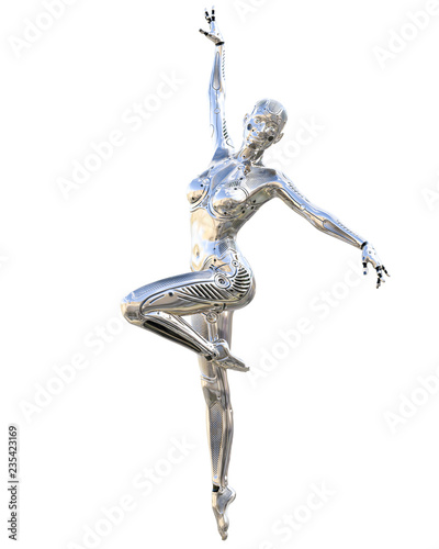 Dance robot woman. Metal shiny silver droid. Artificial Intelligence. Conceptual fashion art. Realistic 3D render illustration. Studio, isolate, high key.