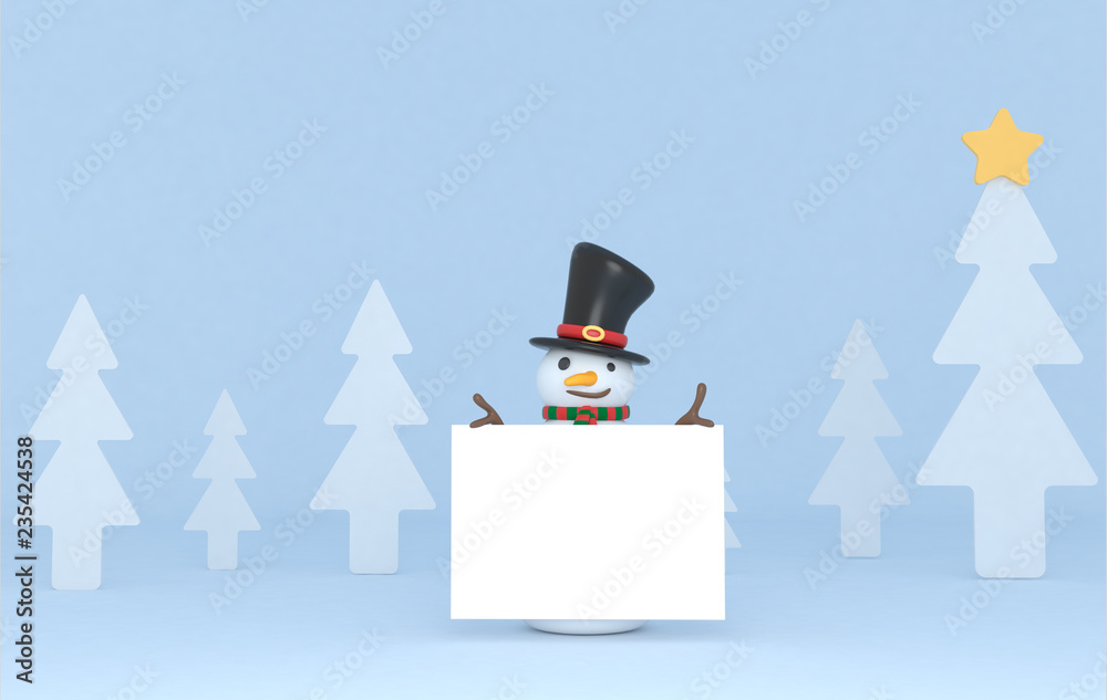 Snowman holding a white placard. 3d Illustration. Isolated.