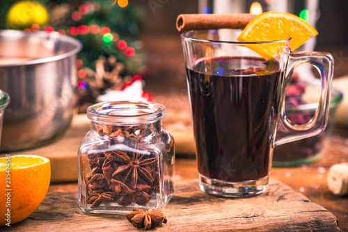 Homemade festive mulled wine, warming at winter days