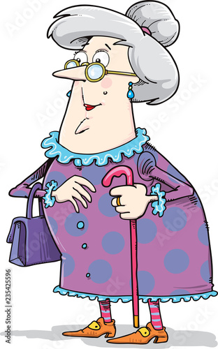 Old woman with cane. Senior lady with glasses walking