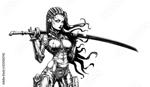 Beautiful cyborg girl with katana