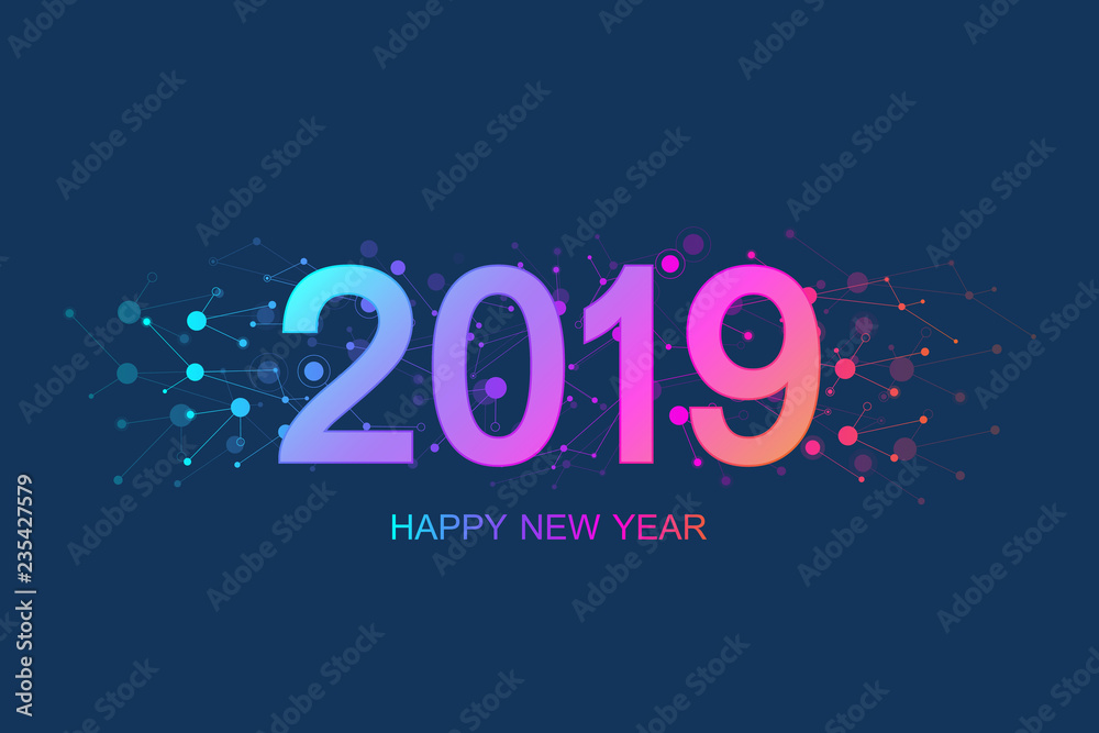 Merry Christmas and Happy New Year 2019 greeting card. Modern futuristic template for 2019. Digital data visualization. Business technology concept. Vector illustration Merry Christmas and Happy New Year 2019 greeting card. Modern futuristic template for 2019. Digital data visualization. Business technology concept. Vector illustration