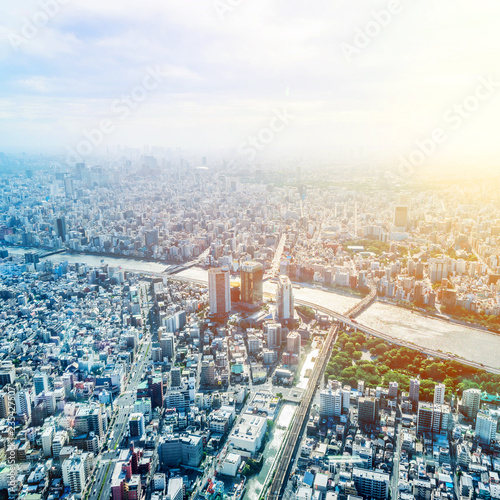 Photography city urban skyline aerial view in koto district, japan