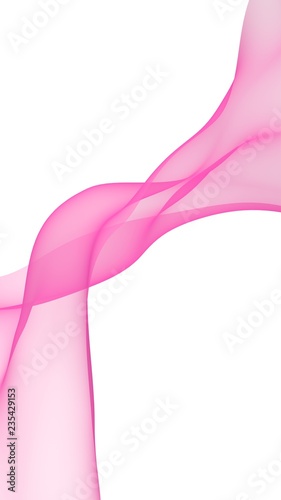 Abstract pink wave. Bright pink ribbon on white background. Pink scarf. Abstract smoke. Raster air background. Vertical image orientation. 3D illustration