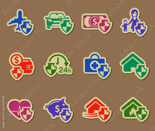 insurance color vector icons on paper stickers