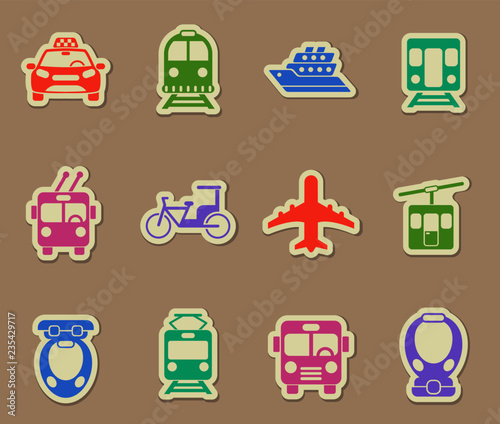 public transport color vector icons on paper stickers