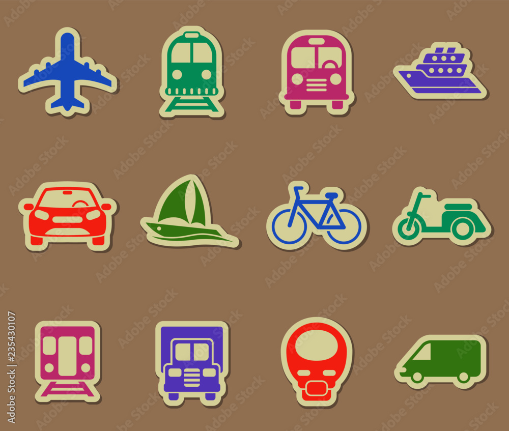 transport color vector icons on paper stickers