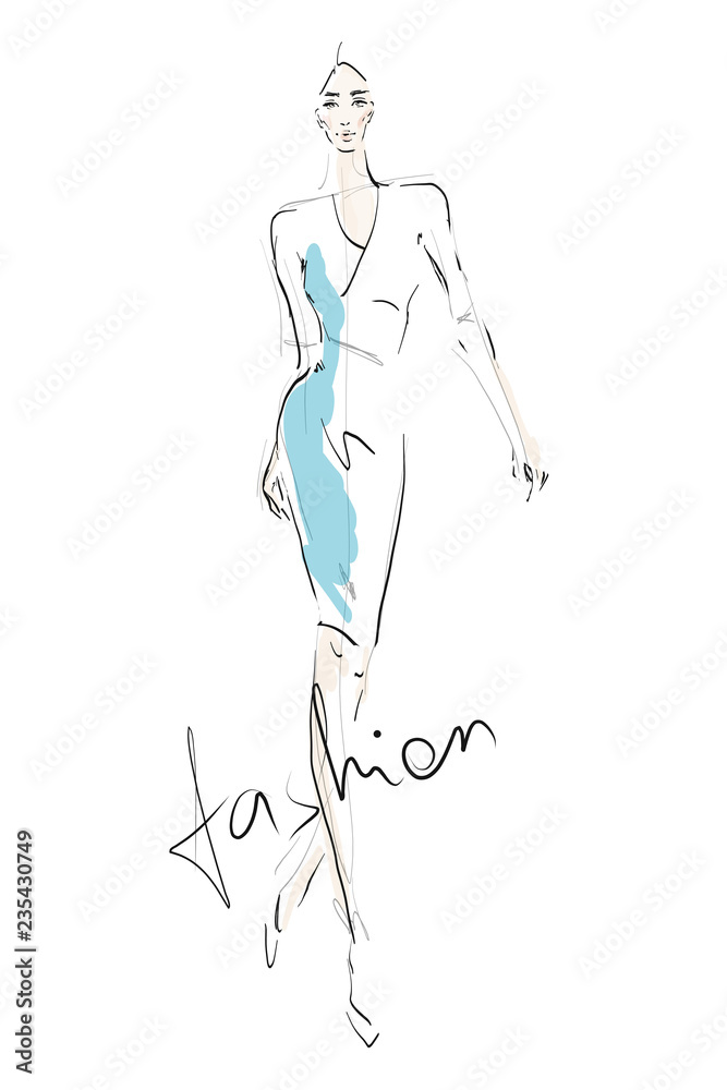 Fashion sketch illustration. Silhouette of young beautiful woman