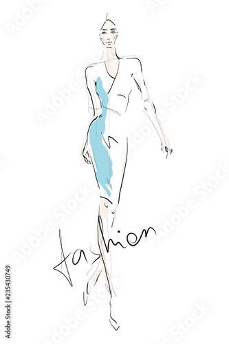 Fashion sketch illustration. Silhouette of young beautiful woman