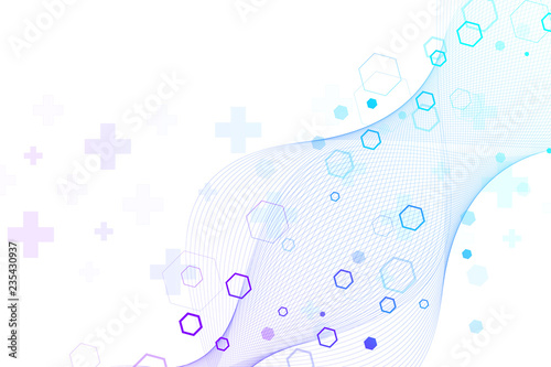 Abstract hexagonal background with waves. Hexagonal molecular structures. Futuristic technology background in science style. Graphic hex background for your design. Vector illustration