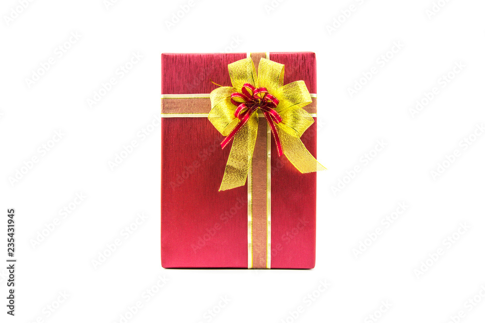 Christmas new year celebration decorations concept - Red and ribbon gold gifts box and decorating elements isolated on white background. Christmas new year celebration decorations concept - Red and ribbon gold gifts box and decorating elements isolated on white background.
