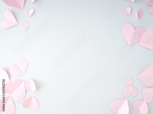 Pink paper hearts placed on white background. © jittima