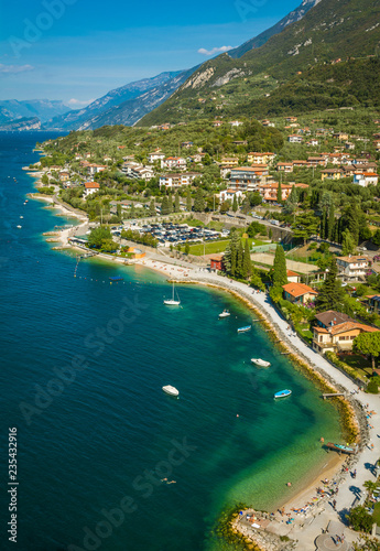 Town of Malcesine on Lago di Garda skyline view, Veneto region of Italy. Aerial view, top view