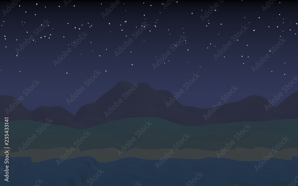 Starry moonless sky. Ocean shore line with waves on a beach. Island beach paradise with waves. Vacation, summer, relaxation. Seascape, seashore. Minimalist landscape, primitivism. 3D illustration