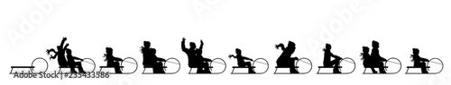 Vector silhouette of family who sledding on snow toboggan.