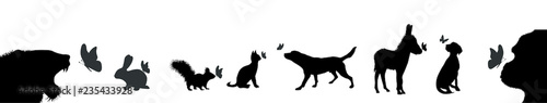 Vector silhouette of animal set with butterfly on white background.