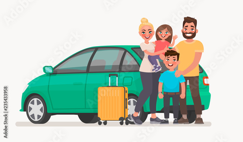 Happy family near the car with luggage. Family travel in a vehicle