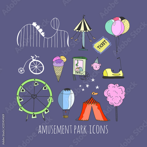 Hand drawn amusement park elements. Colored graphic vector set. Blue background