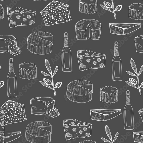 Hand drawn various sorts of cheese. Graphic vector seamless pattern. White elements, dark grey background