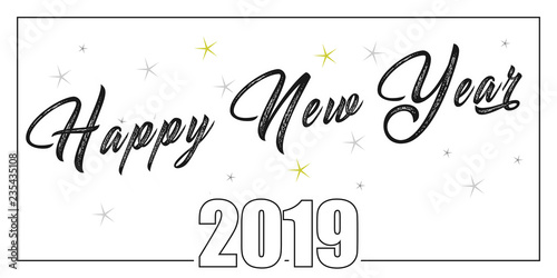 2019 hand written lettering with golden Christmas stars on a black background. Happy New Year card design. Vector illustration EPS