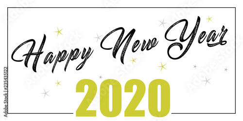2020 hand written lettering with golden Christmas stars on a black background. Happy New Year card design. Vector illustration EPS
