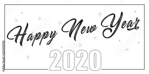 2020 hand written lettering with golden Christmas stars on a black background. Happy New Year card design. Vector illustration EPS