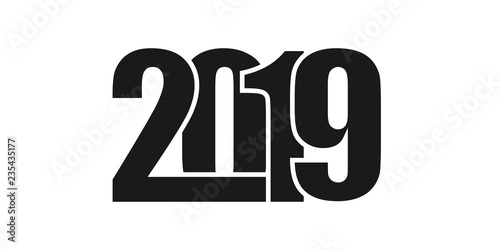 2019 hand written lettering with golden Christmas stars on a black background. Happy New Year card design. Vector illustration EPS