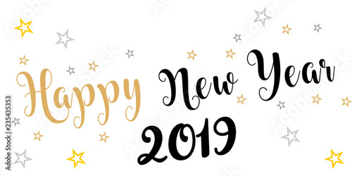 2019 hand written lettering with golden Christmas stars on a black background. Happy New Year card design. Vector illustration EPS