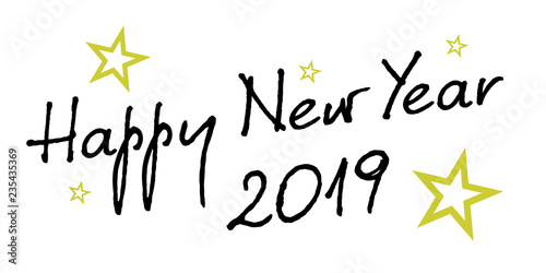 2019 hand written lettering with golden Christmas stars on a black background. Happy New Year card design. Vector illustration EPS